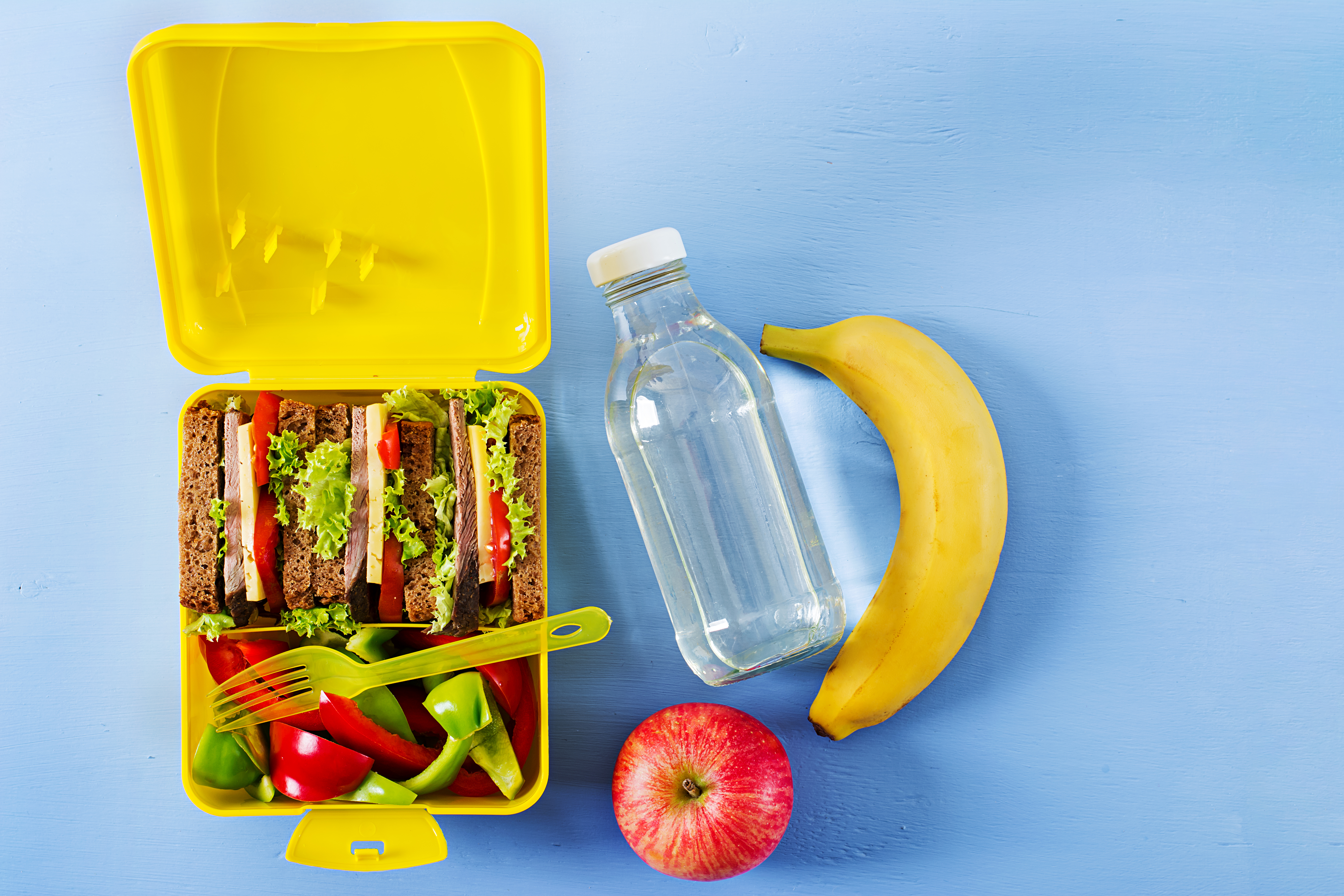 Healthy school lunch box with beef sandwich and fresh vegetables, bottle of water and fruits on blue background. Top view. Flat lay