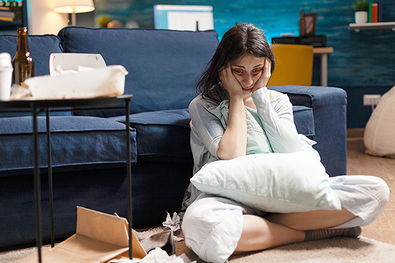 Lonely, traumatised, frustrated, ill woman holding head in hands, feeling vulnerable, desperate having bipolar problems, needs psychological help, major heartbroken experiencing loneliness crisis